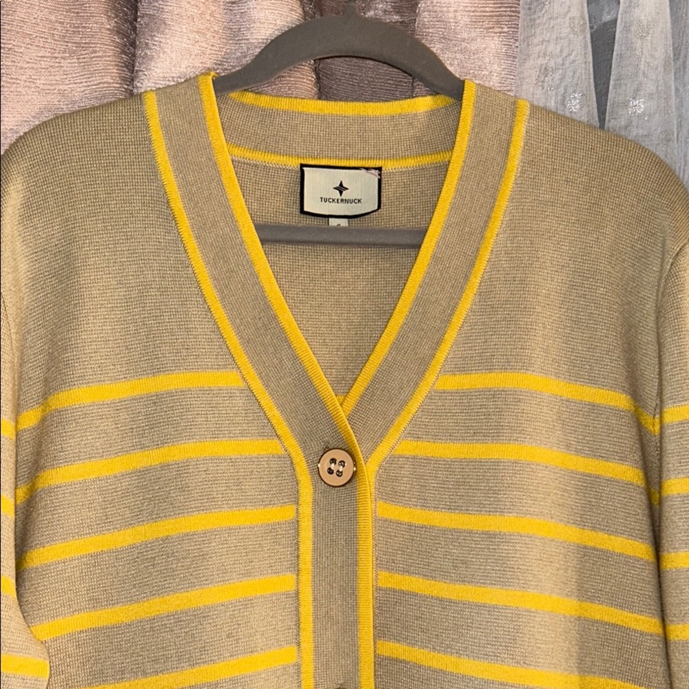Tuckernuck Size S Yellow and Tan Striped Cardigan V-Neck Sweater - Picture 2 of 15